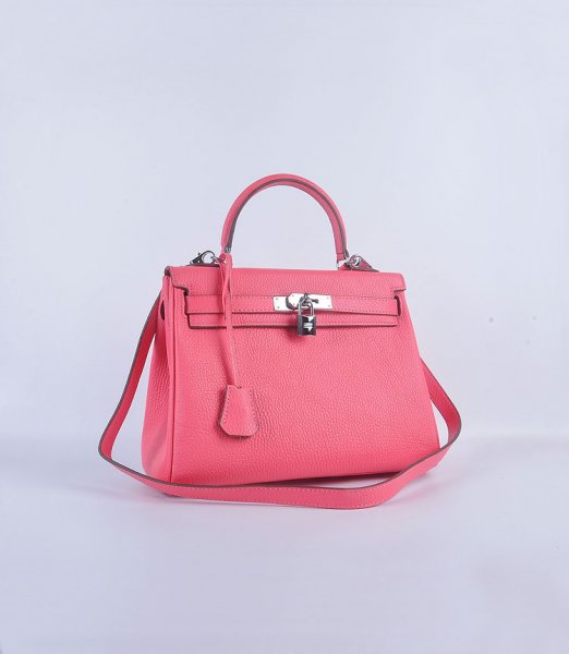Hermes Kelly 28CM Tote Leather Bag Pink lipstick Silver